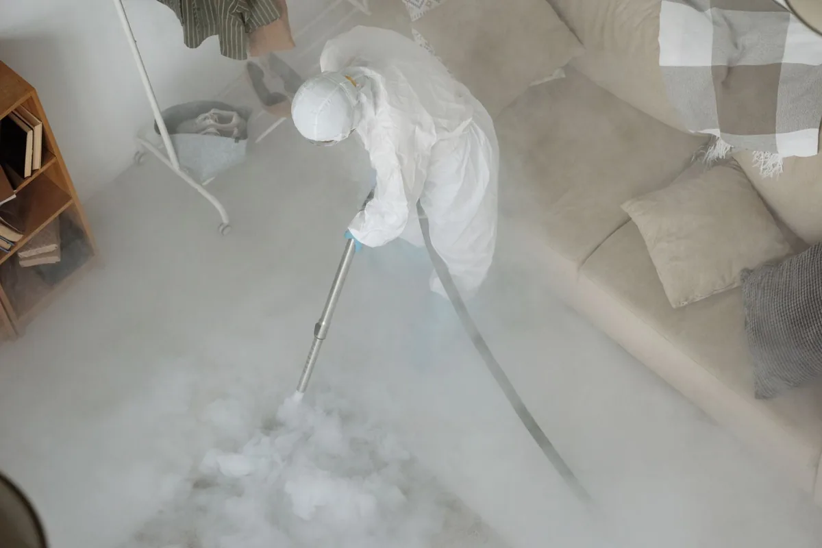 Biohazard cleanup technician in protective equipment, Baldwin, FL